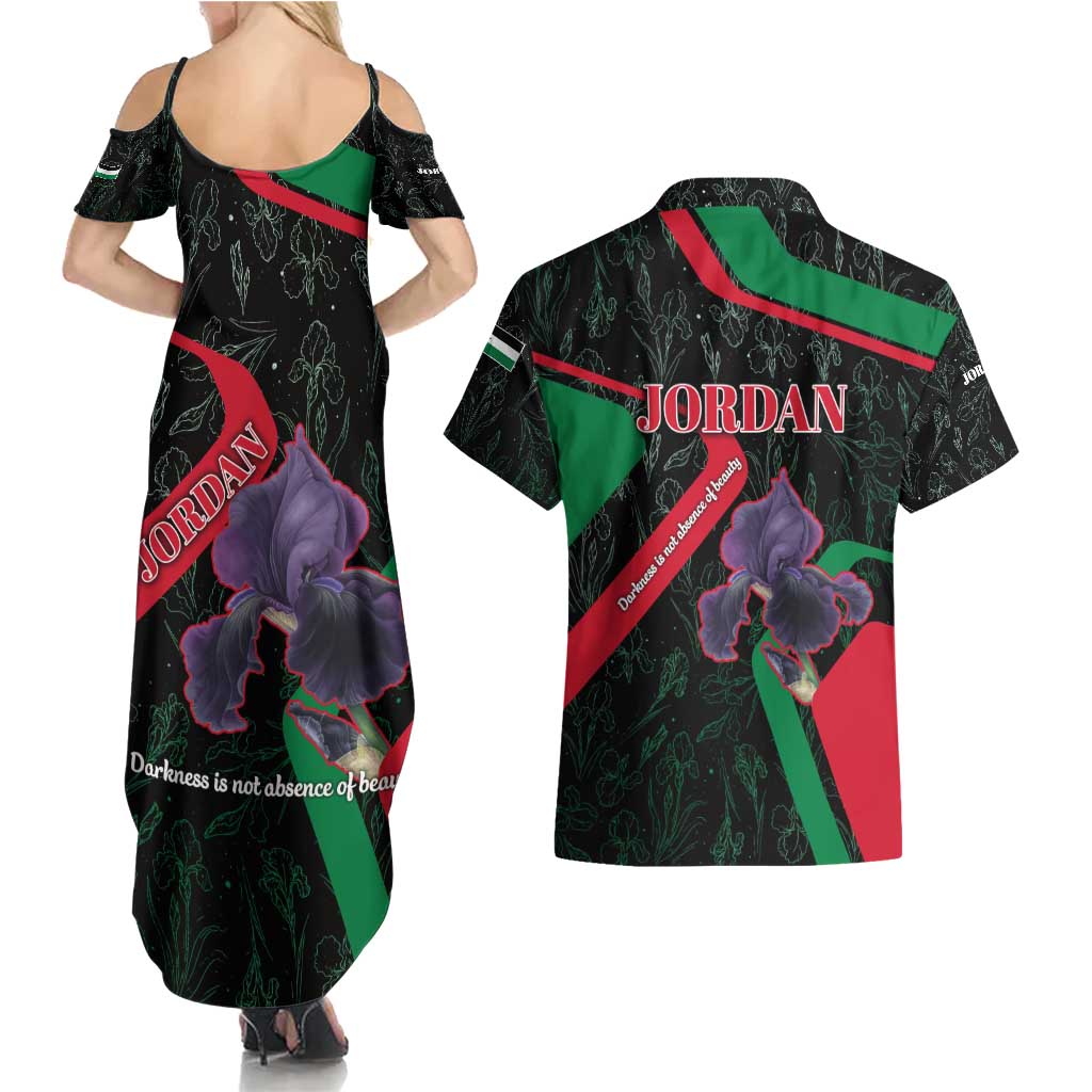 Jordan Black Iris Couples Matching Summer Maxi Dress and Hawaiian Shirt with Flag Colors and Cultural Quote
