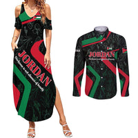 Jordan Black Iris Couples Matching Summer Maxi Dress and Long Sleeve Button Shirt with Flag Colors and Cultural Quote