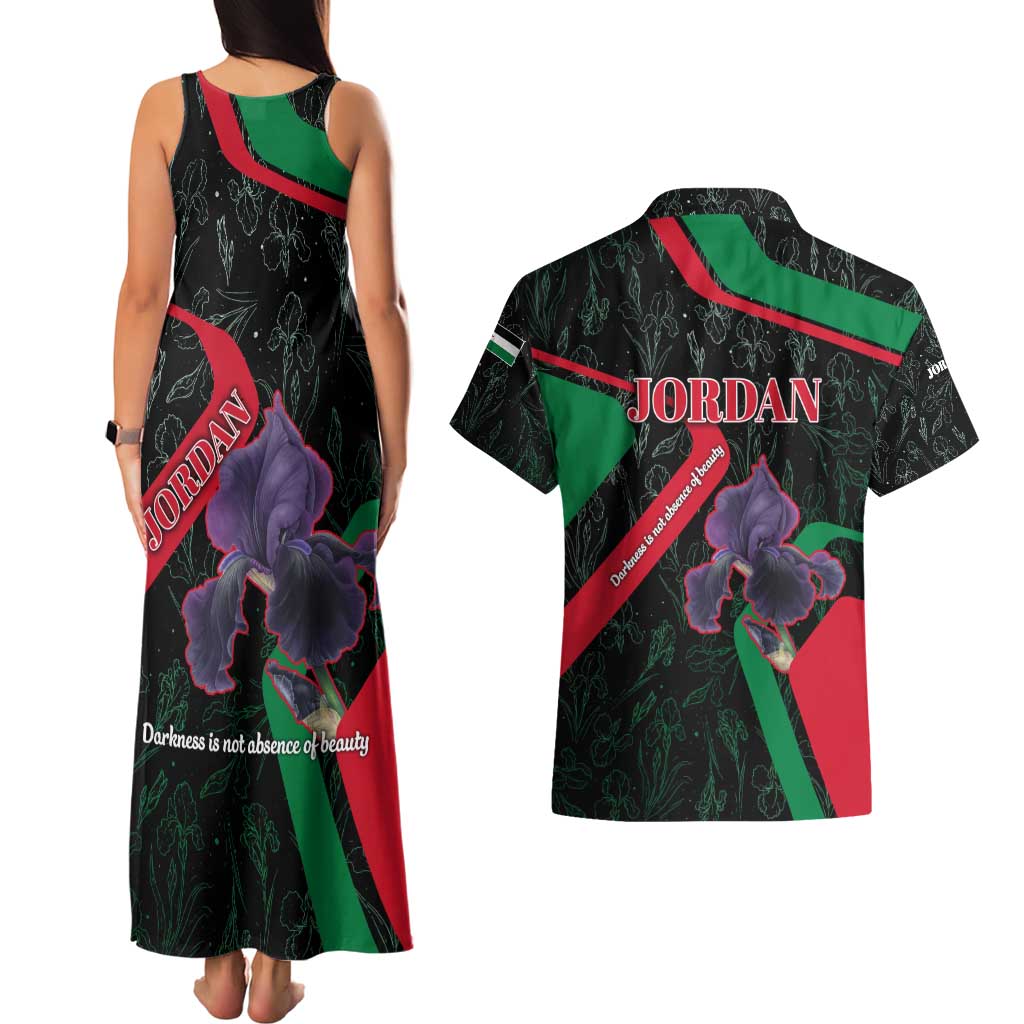 Jordan Black Iris Couples Matching Tank Maxi Dress and Hawaiian Shirt with Flag Colors and Cultural Quote