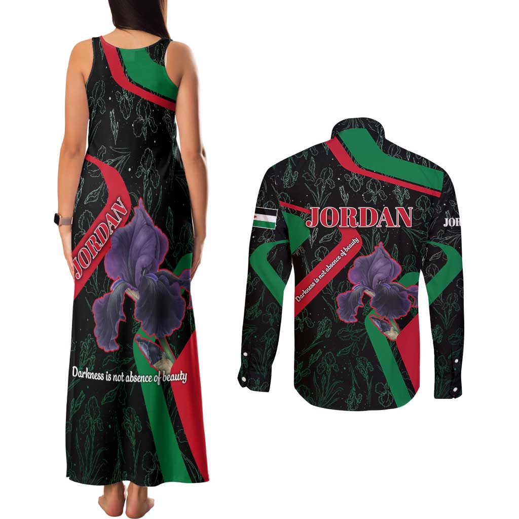 Jordan Black Iris Couples Matching Tank Maxi Dress and Long Sleeve Button Shirt with Flag Colors and Cultural Quote