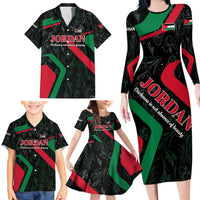 Jordan Black Iris Family Matching Long Sleeve Bodycon Dress and Hawaiian Shirt with Flag Colors and Cultural Quote
