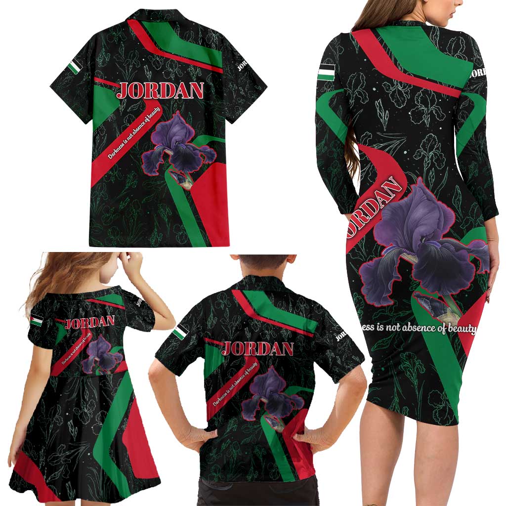 Jordan Black Iris Family Matching Long Sleeve Bodycon Dress and Hawaiian Shirt with Flag Colors and Cultural Quote
