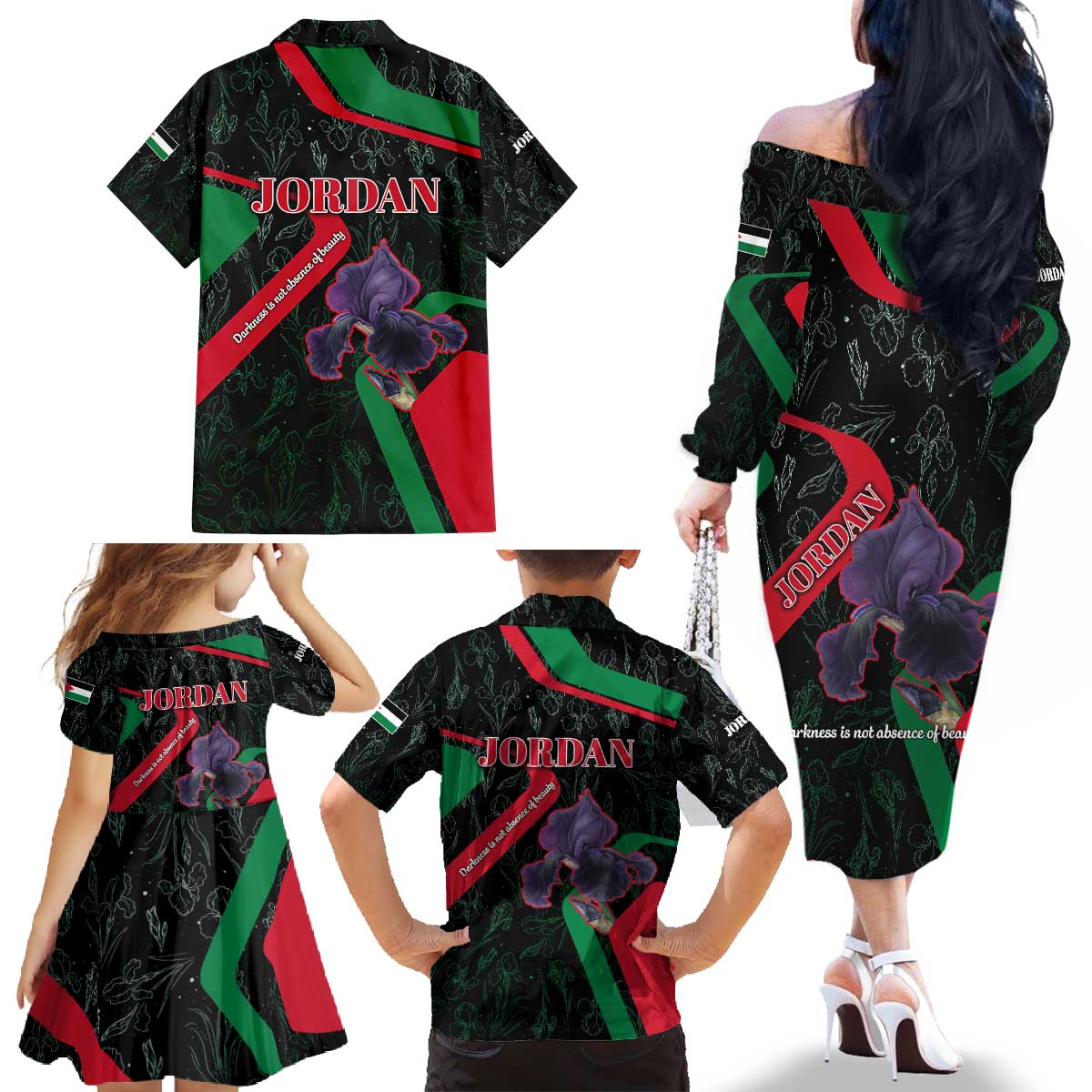 Jordan Black Iris Family Matching Off The Shoulder Long Sleeve Dress and Hawaiian Shirt with Flag Colors and Cultural Quote
