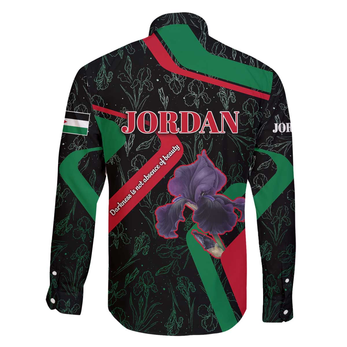 Jordan Black Iris Family Matching Off The Shoulder Long Sleeve Dress and Hawaiian Shirt with Flag Colors and Cultural Quote