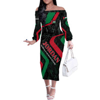 Jordan Black Iris Family Matching Off The Shoulder Long Sleeve Dress and Hawaiian Shirt with Flag Colors and Cultural Quote