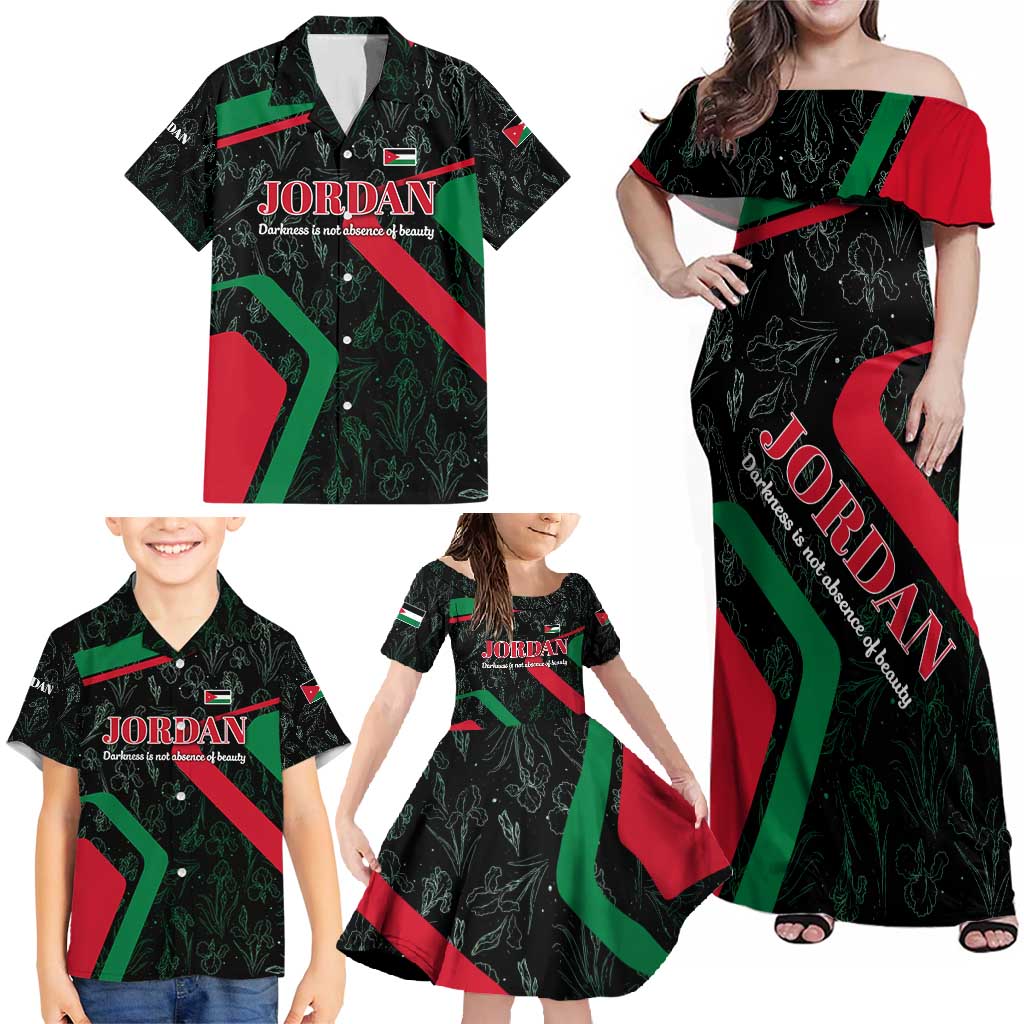 Jordan Black Iris Family Matching Off Shoulder Maxi Dress and Hawaiian Shirt with Flag Colors and Cultural Quote
