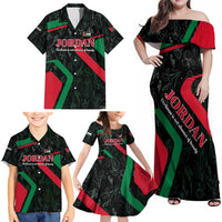 Jordan Black Iris Family Matching Off Shoulder Maxi Dress and Hawaiian Shirt with Flag Colors and Cultural Quote