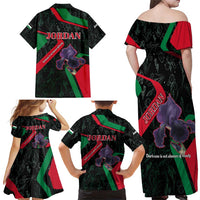 Jordan Black Iris Family Matching Off Shoulder Maxi Dress and Hawaiian Shirt with Flag Colors and Cultural Quote