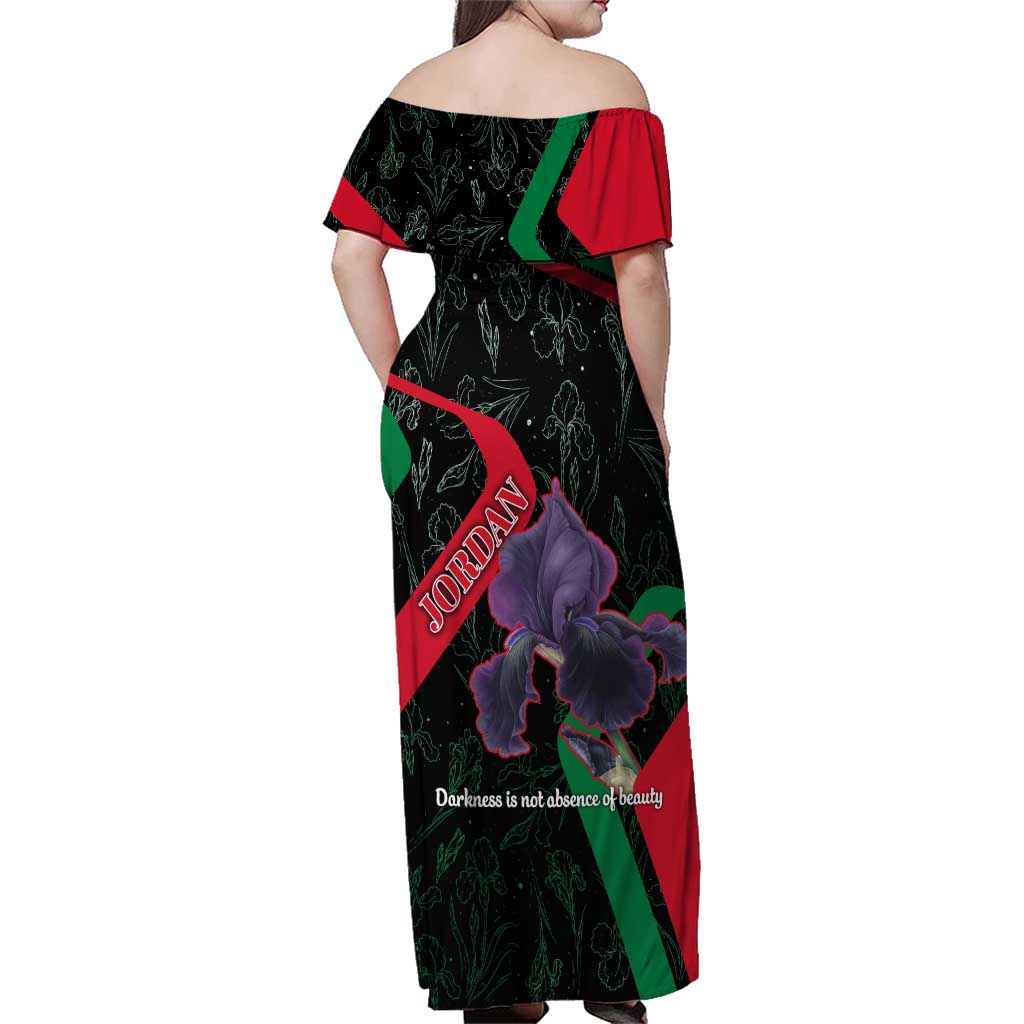 Jordan Black Iris Family Matching Off Shoulder Maxi Dress and Hawaiian Shirt with Flag Colors and Cultural Quote