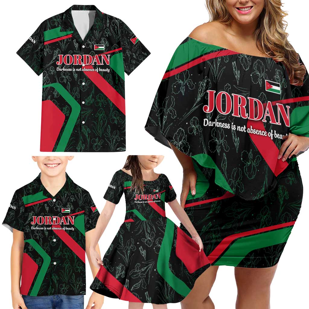Jordan Black Iris Family Matching Off Shoulder Short Dress and Hawaiian Shirt with Flag Colors and Cultural Quote
