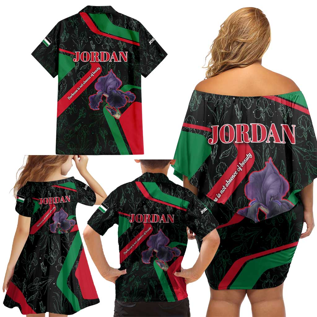 Jordan Black Iris Family Matching Off Shoulder Short Dress and Hawaiian Shirt with Flag Colors and Cultural Quote