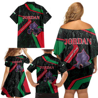 Jordan Black Iris Family Matching Off Shoulder Short Dress and Hawaiian Shirt with Flag Colors and Cultural Quote