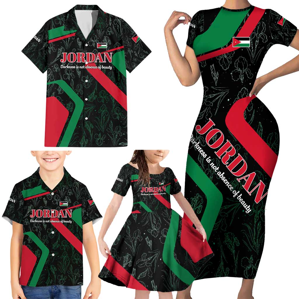 Jordan Black Iris Family Matching Short Sleeve Bodycon Dress and Hawaiian Shirt with Flag Colors and Cultural Quote
