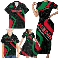 Jordan Black Iris Family Matching Short Sleeve Bodycon Dress and Hawaiian Shirt with Flag Colors and Cultural Quote