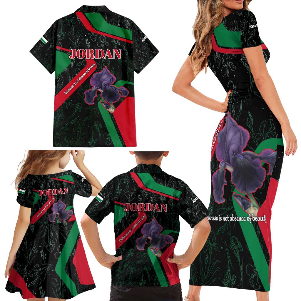 Jordan Black Iris Family Matching Short Sleeve Bodycon Dress and Hawaiian Shirt with Flag Colors and Cultural Quote