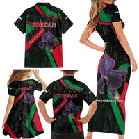 Jordan Black Iris Family Matching Short Sleeve Bodycon Dress and Hawaiian Shirt with Flag Colors and Cultural Quote