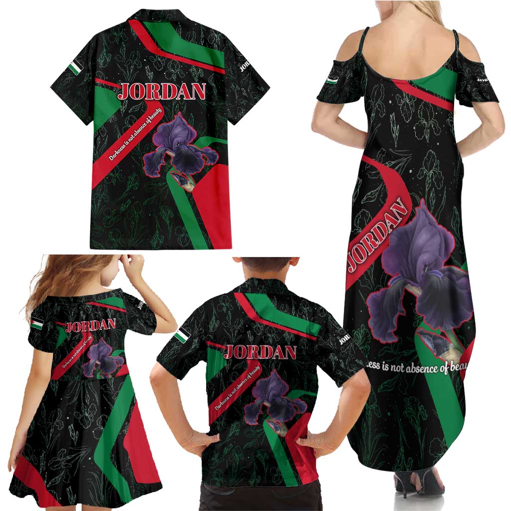Jordan Black Iris Family Matching Summer Maxi Dress and Hawaiian Shirt with Flag Colors and Cultural Quote