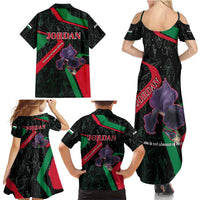 Jordan Black Iris Family Matching Summer Maxi Dress and Hawaiian Shirt with Flag Colors and Cultural Quote