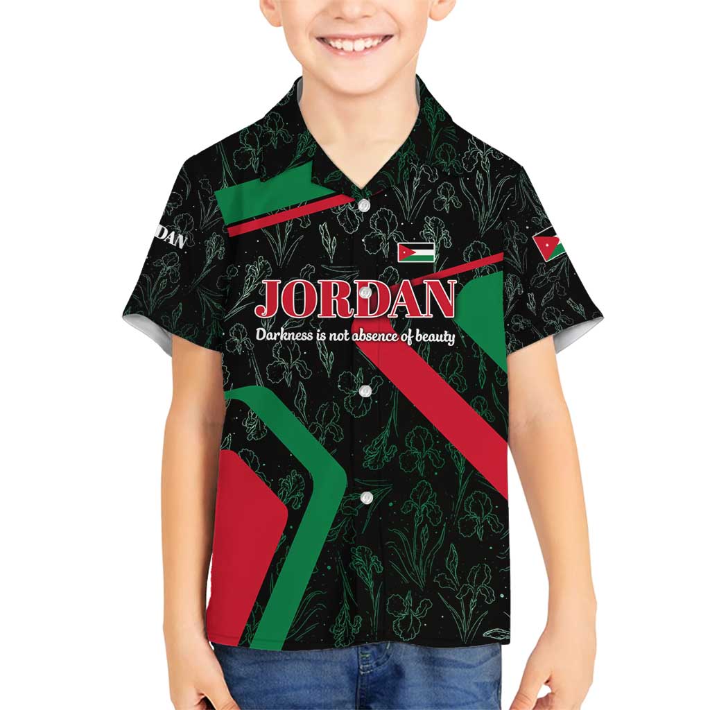 Jordan Black Iris Family Matching Summer Maxi Dress and Hawaiian Shirt with Flag Colors and Cultural Quote