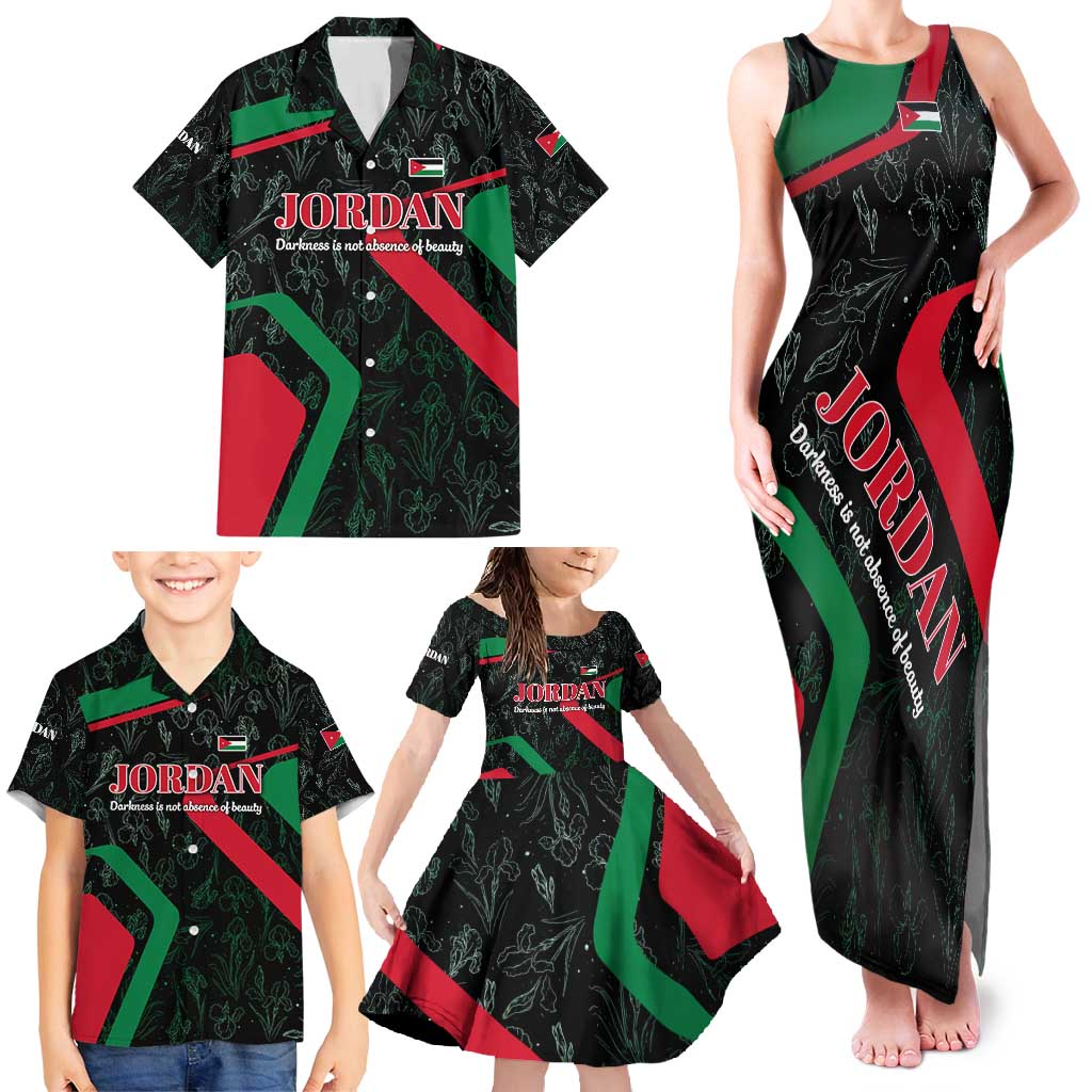 Jordan Black Iris Family Matching Tank Maxi Dress and Hawaiian Shirt with Flag Colors and Cultural Quote
