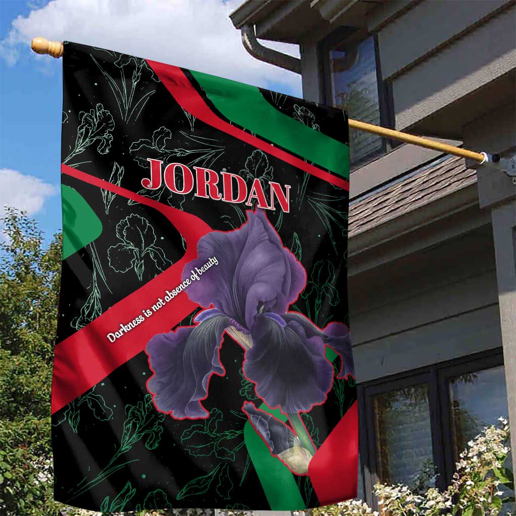 Jordan Black Iris Garden Flag with Flag Colors and Cultural Quote