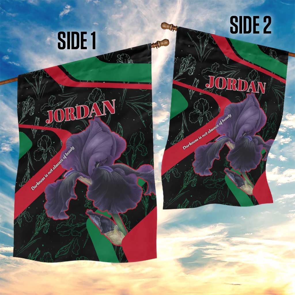 Jordan Black Iris Garden Flag with Flag Colors and Cultural Quote