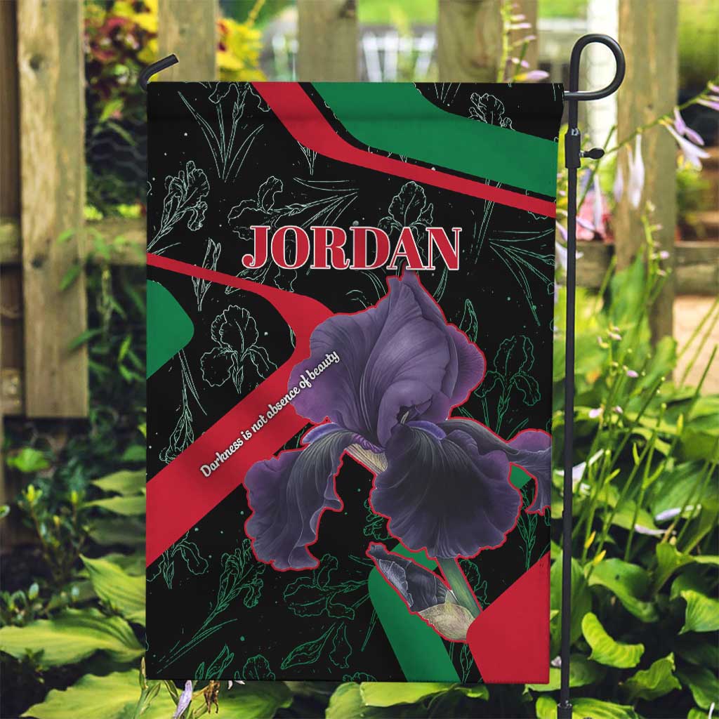 Jordan Black Iris Garden Flag with Flag Colors and Cultural Quote