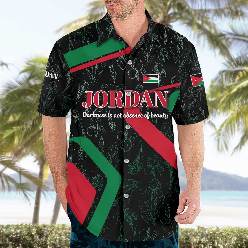 Jordan Black Iris Hawaiian Shirt with Flag Colors and Cultural Quote
