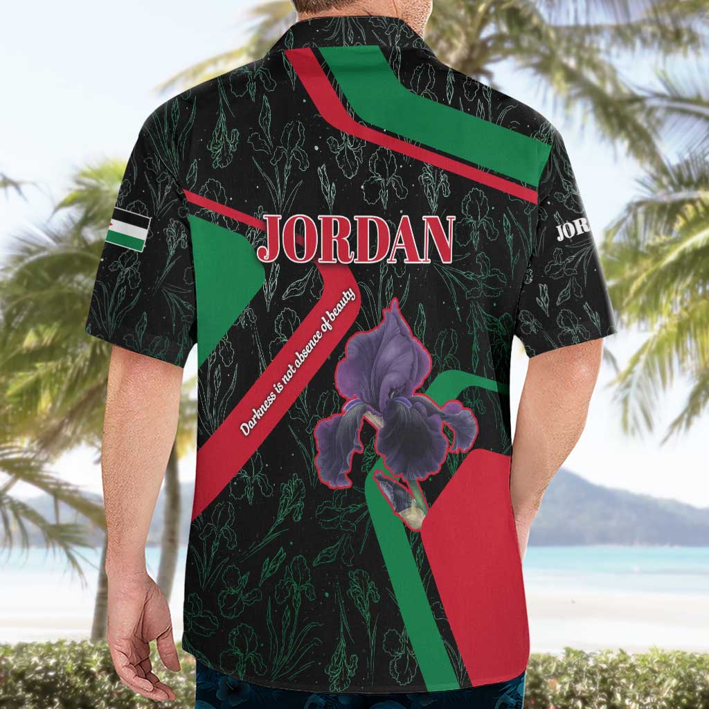 Jordan Black Iris Hawaiian Shirt with Flag Colors and Cultural Quote