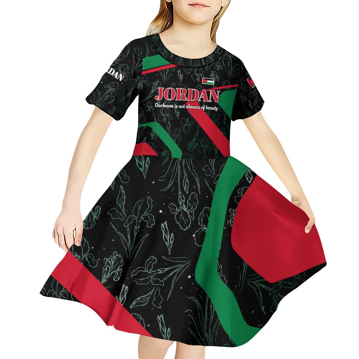 Jordan Black Iris Kid Short Sleeve Dress with Flag Colors and Cultural Quote