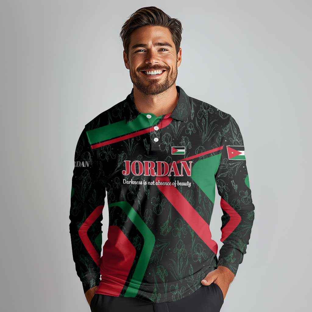 Jordan Black Iris Long Sleeve Polo Shirt with Flag Colors and Cultural Quote