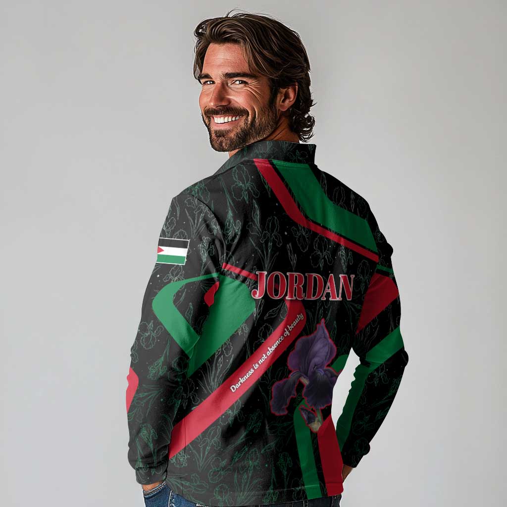 Jordan Black Iris Long Sleeve Polo Shirt with Flag Colors and Cultural Quote