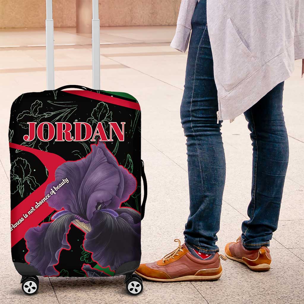 Jordan Black Iris Luggage Cover with Flag Colors and Cultural Quote
