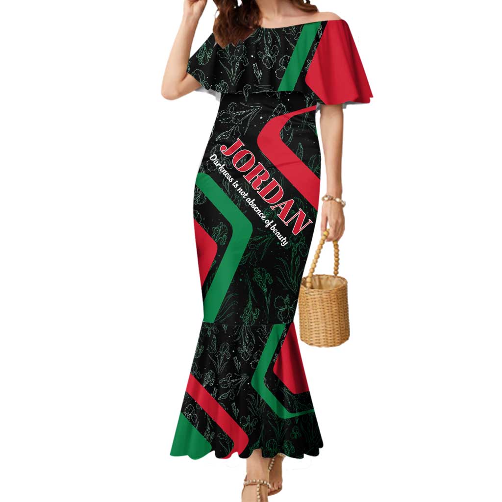 Jordan Black Iris Mermaid Dress with Flag Colors and Cultural Quote