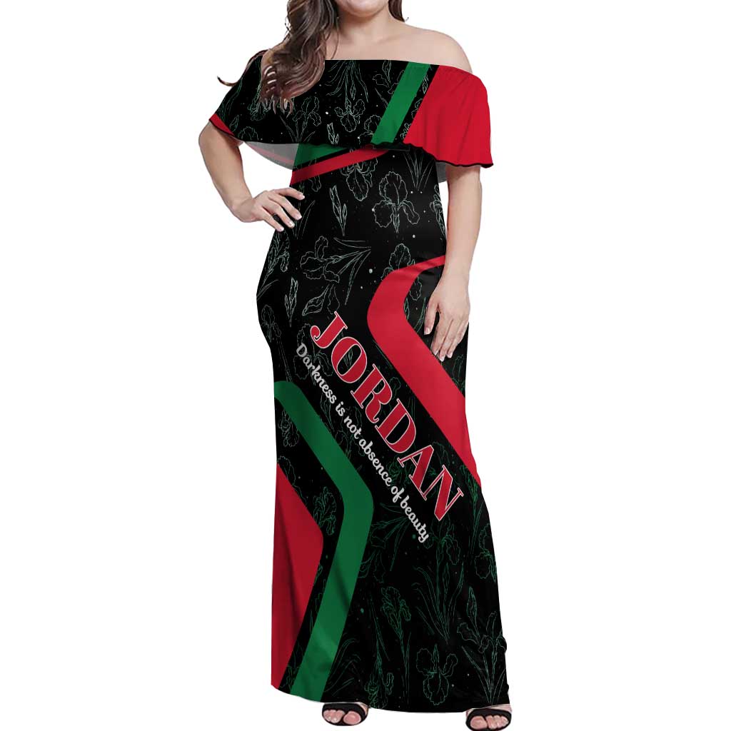 Jordan Black Iris Off Shoulder Maxi Dress with Flag Colors and Cultural Quote