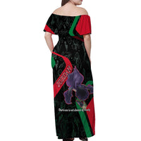 Jordan Black Iris Off Shoulder Maxi Dress with Flag Colors and Cultural Quote