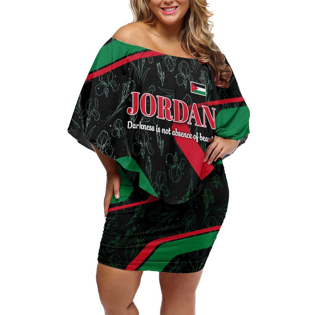 Jordan Black Iris Off Shoulder Short Dress with Flag Colors and Cultural Quote