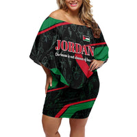 Jordan Black Iris Off Shoulder Short Dress with Flag Colors and Cultural Quote
