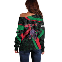 Jordan Black Iris Off Shoulder Sweater with Flag Colors and Cultural Quote