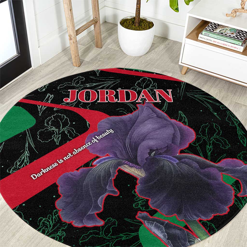 Jordan Black Iris Round Carpet with Flag Colors and Cultural Quote