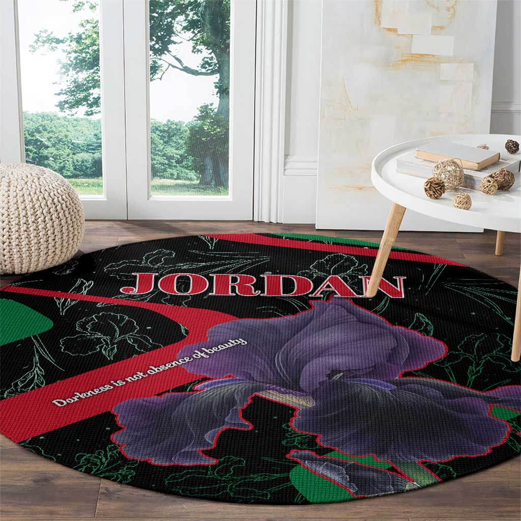 Jordan Black Iris Round Carpet with Flag Colors and Cultural Quote