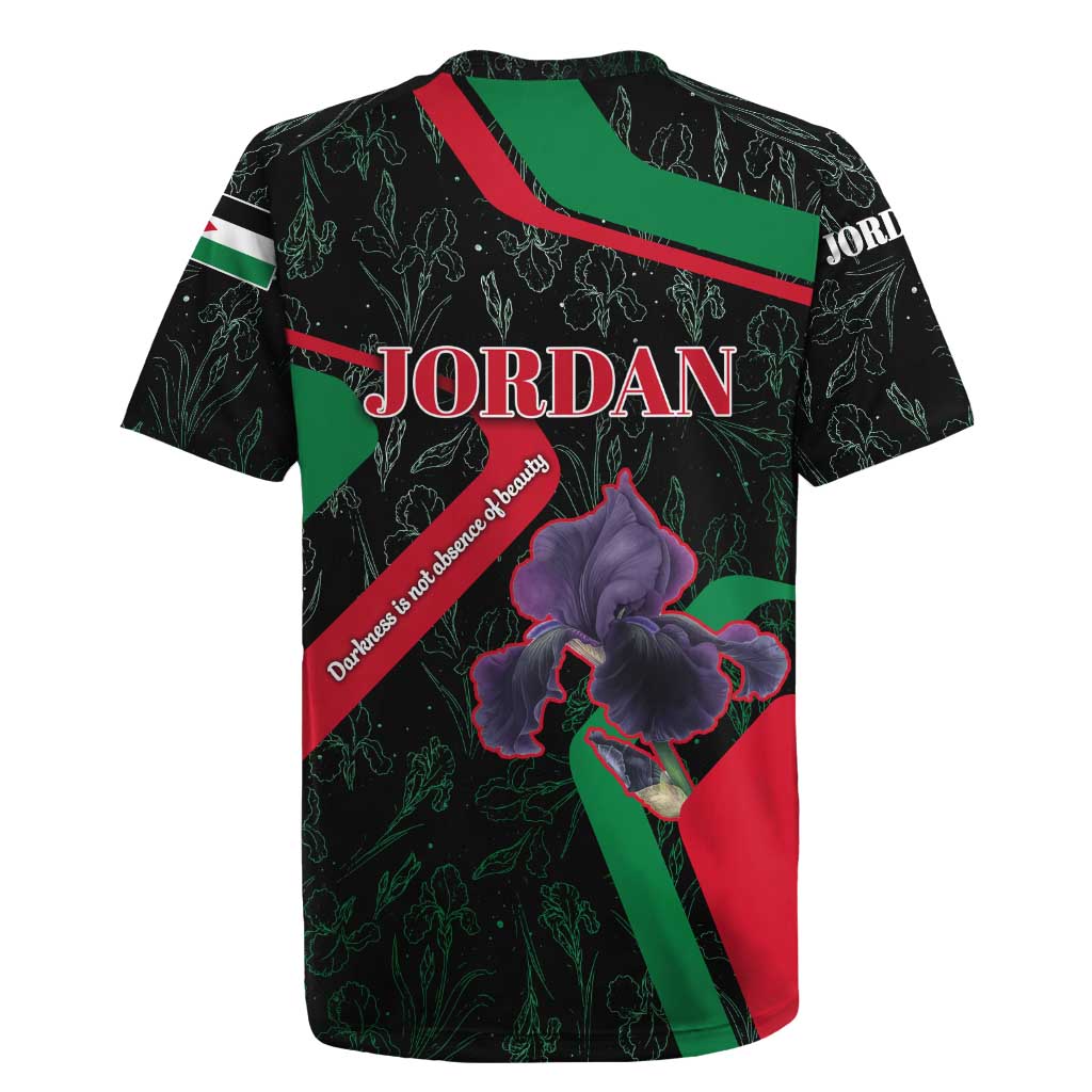Jordan Black Iris Rugby Jersey with Flag Colors and Cultural Quote