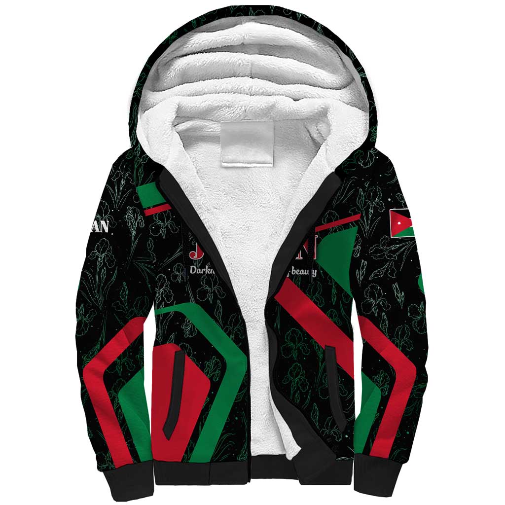 Jordan Black Iris Sherpa Hoodie with Flag Colors and Cultural Quote