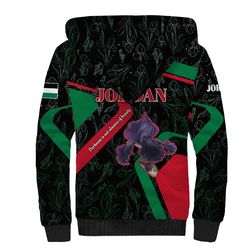Jordan Black Iris Sherpa Hoodie with Flag Colors and Cultural Quote
