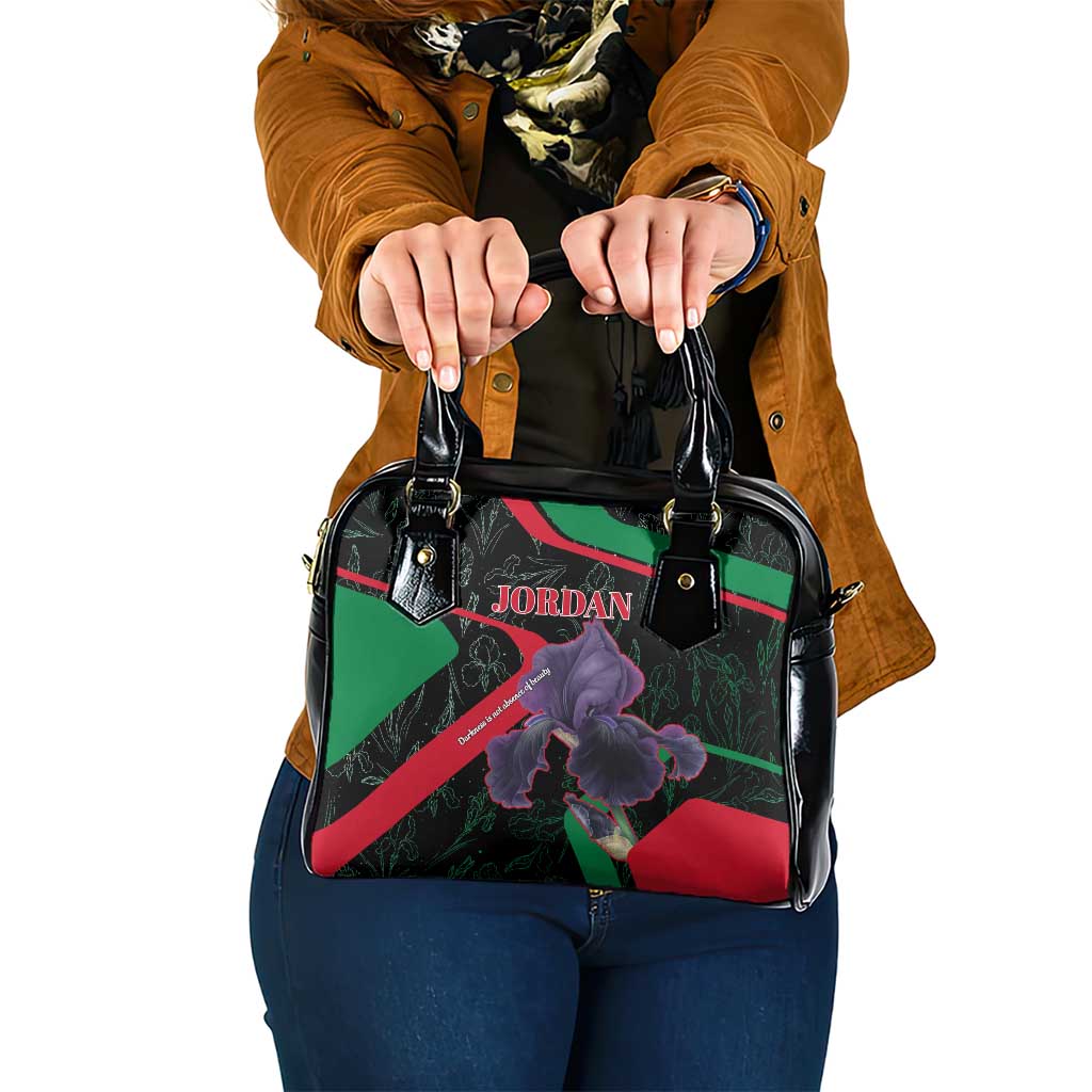 Jordan Black Iris Shoulder Handbag with Flag Colors and Cultural Quote
