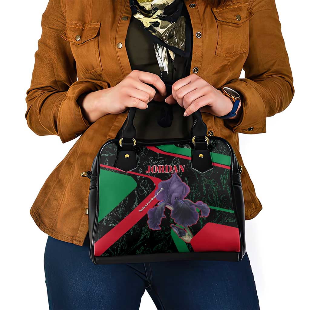 Jordan Black Iris Shoulder Handbag with Flag Colors and Cultural Quote