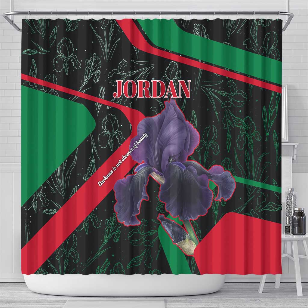 Jordan Black Iris Shower Curtain with Flag Colors and Cultural Quote