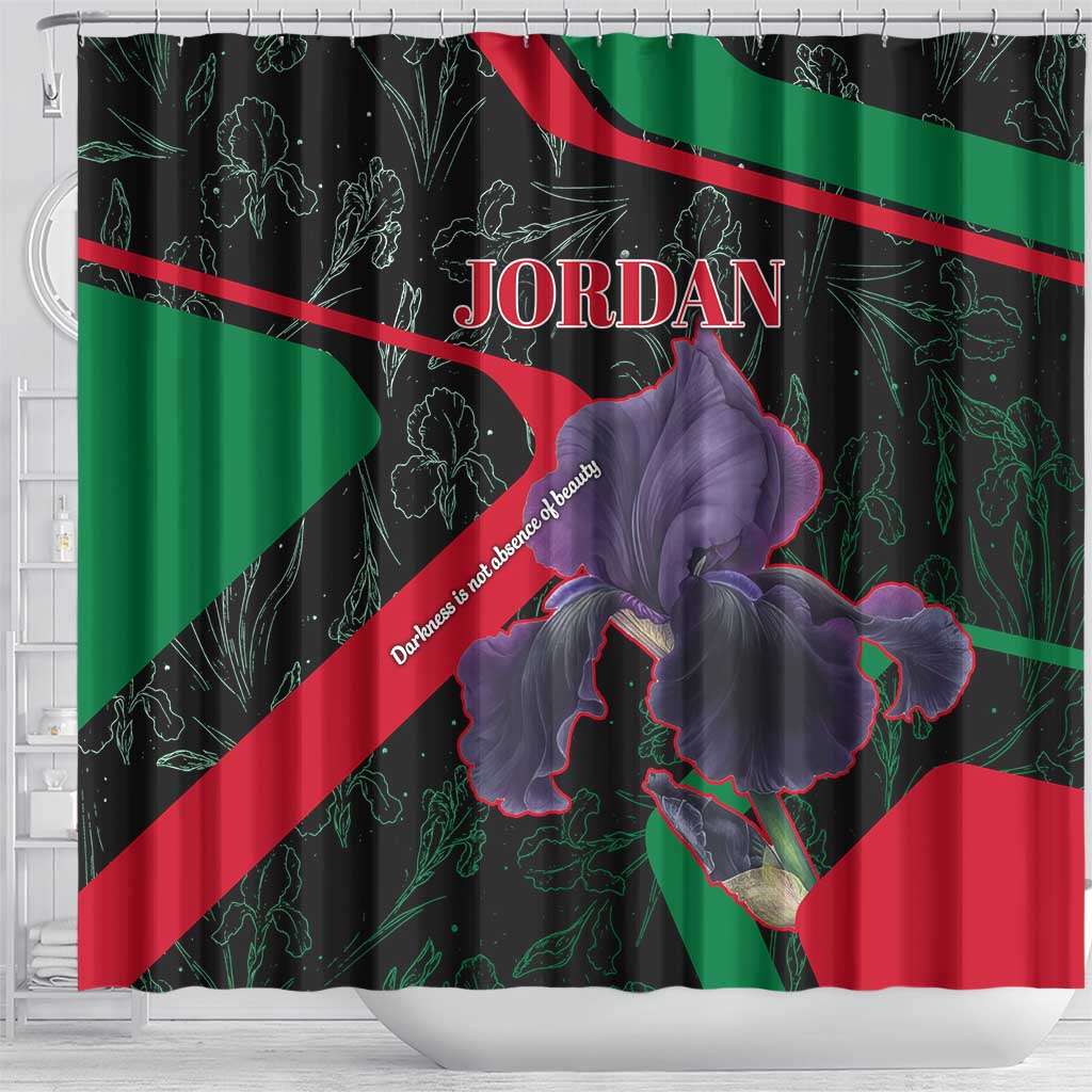 Jordan Black Iris Shower Curtain with Flag Colors and Cultural Quote