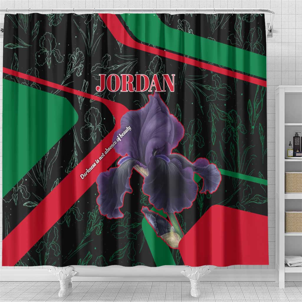 Jordan Black Iris Shower Curtain with Flag Colors and Cultural Quote