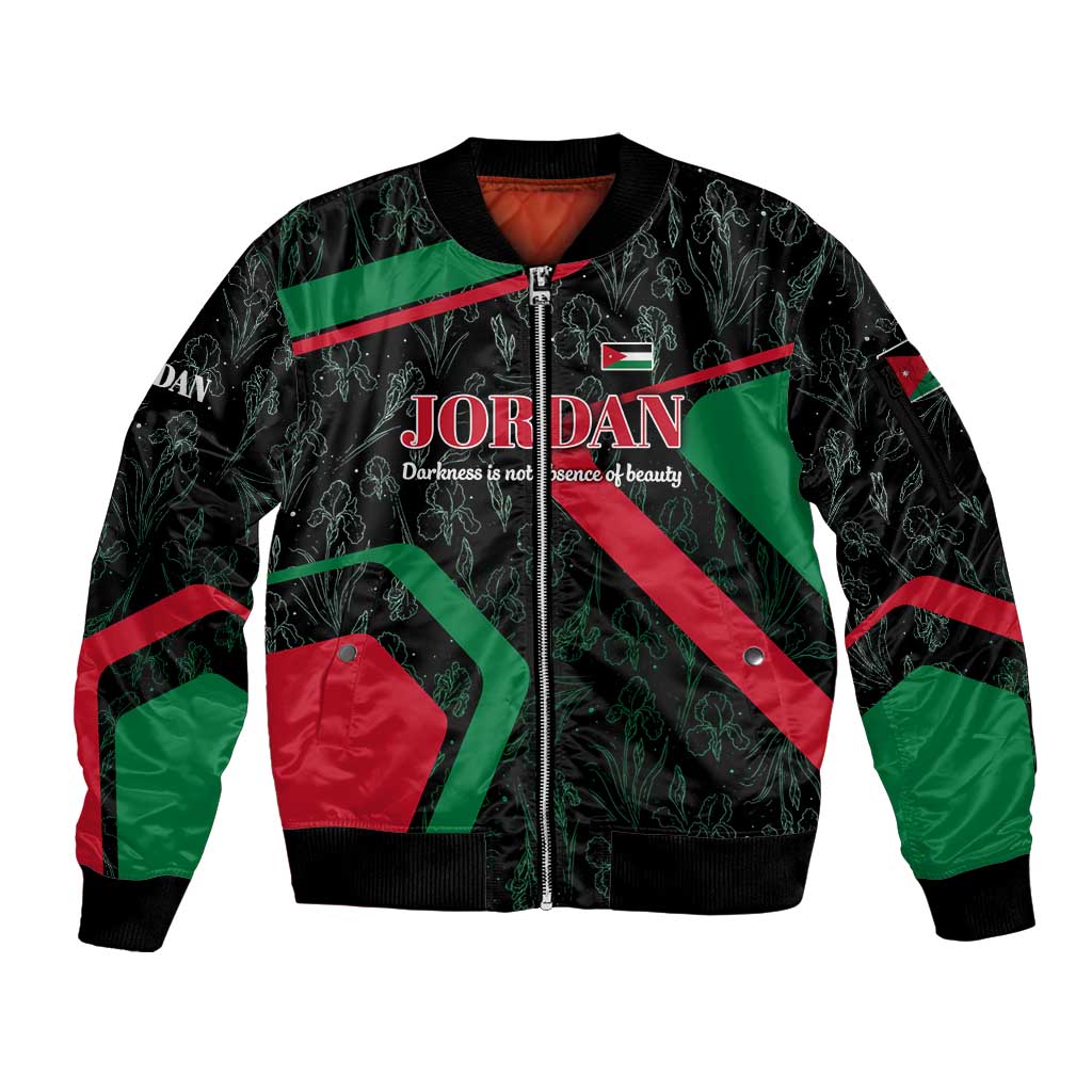 Jordan Black Iris Sleeve Zip Bomber Jacket with Flag Colors and Cultural Quote